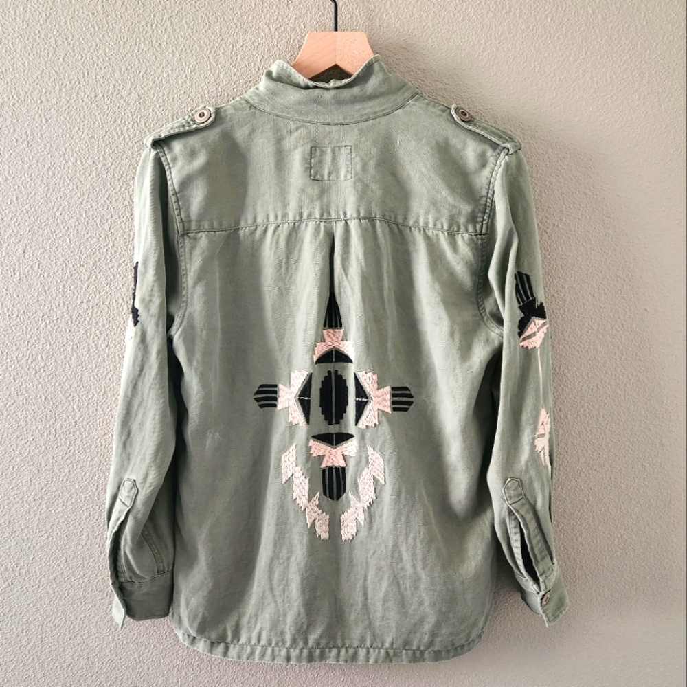 Rails Embroidered Shacket Size XS Linen Blend Button Down Shirt Jacket Green